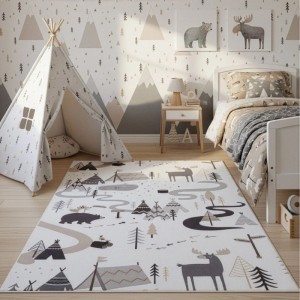 Ayyildiz Kinderteppich Coco creme, 80x150cm, mit Waldmotiven im Kinderzimmer.
