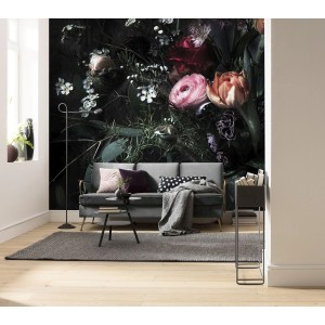 Sanders & Sanders Fototapete Blumen Multicolor auf Schwarz im Wohnraum.