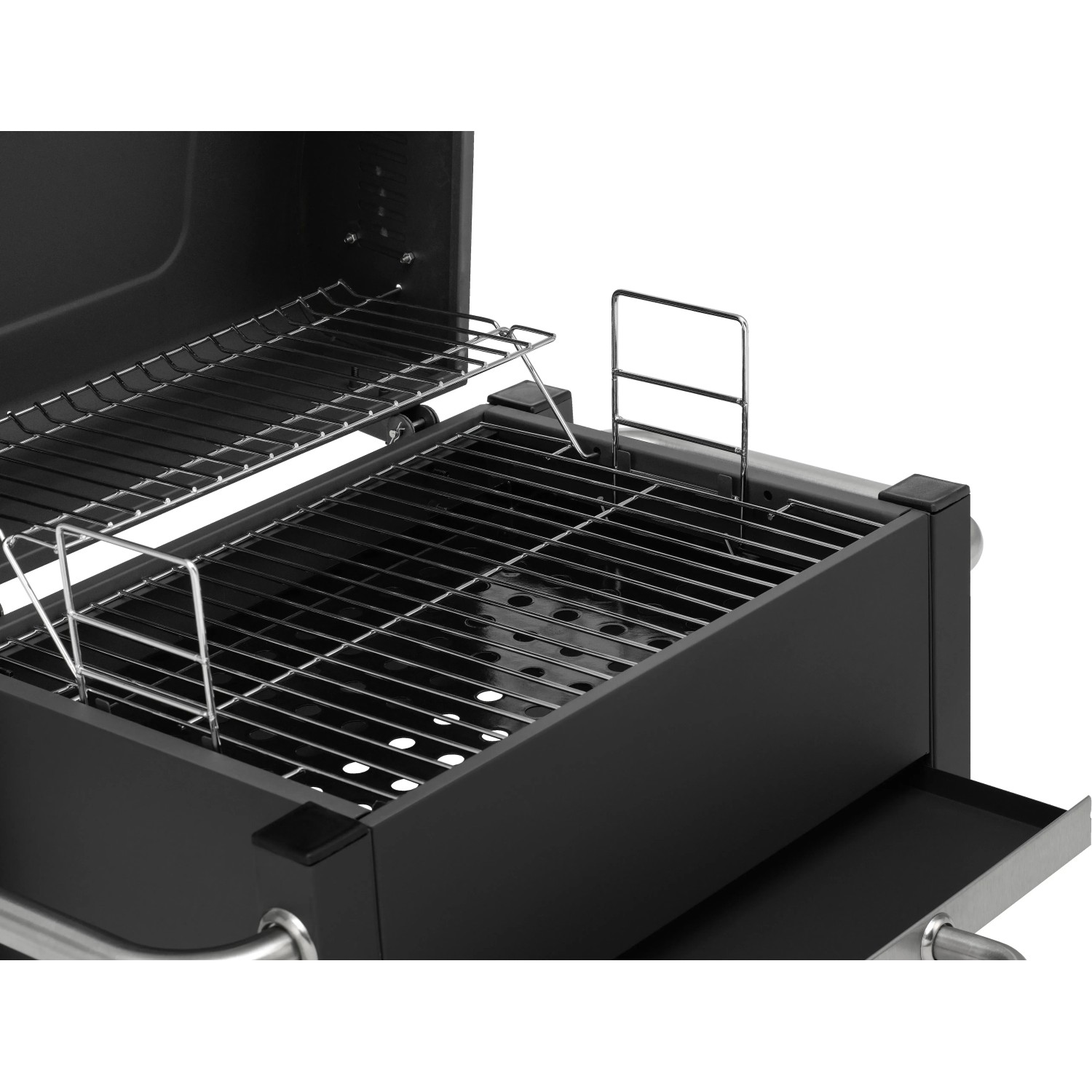 Detailaufnahme: Schwarzer Tepro Toronto Holzkohlegrill Easy mit Grillrost und Warmhalterost.