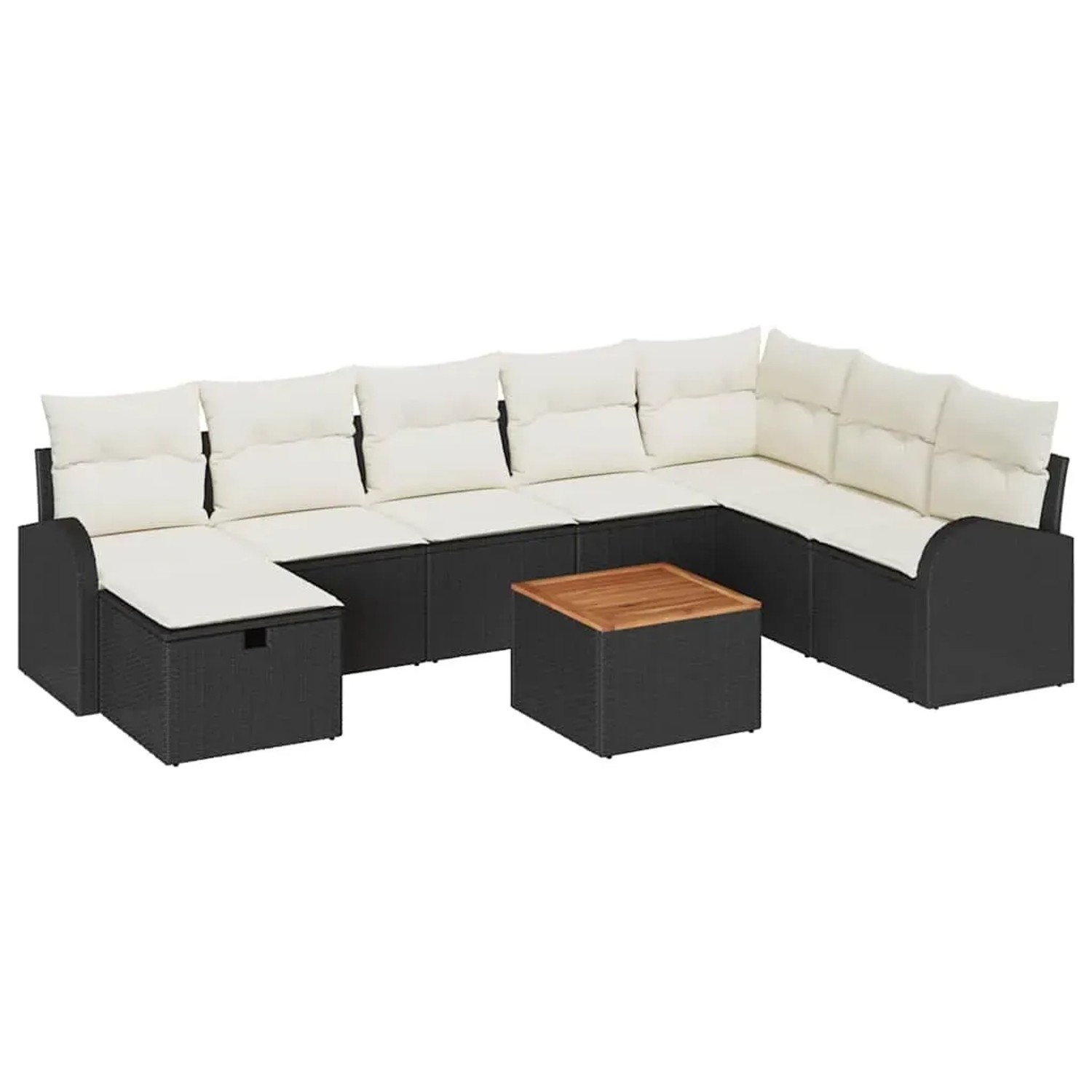 Schwarzes 9-teiliges Garten-Sofa-Set aus Poly Rattan mit Kissen und Tisch.