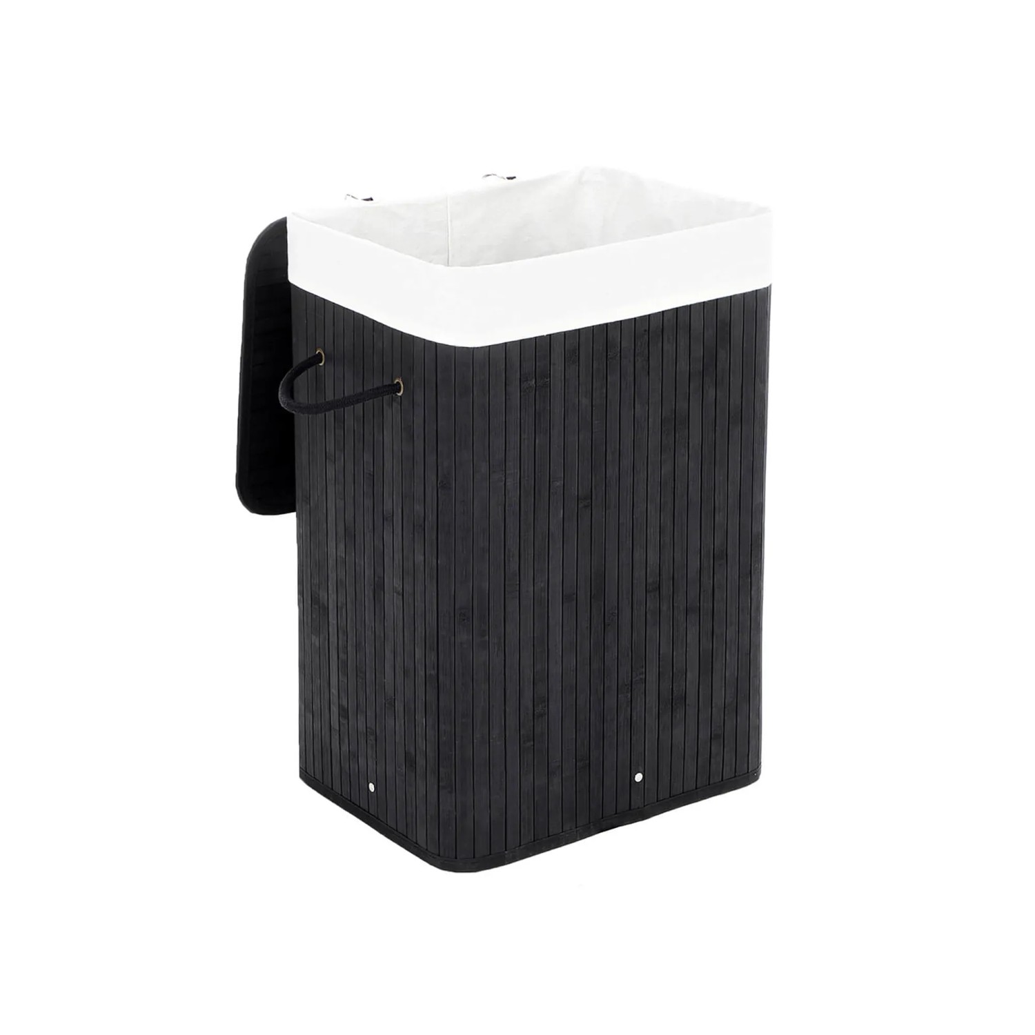 Schwarze Songmics Wäschetonne (72 l) mit Deckel und herausnehmbarem Innenbeutel.