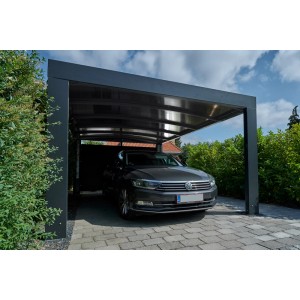 Grauschwarzer Allview CUBUS Einzelcarport mit Auto. Moderner Carport aus Stahl mit Polycarbonat-Dach.