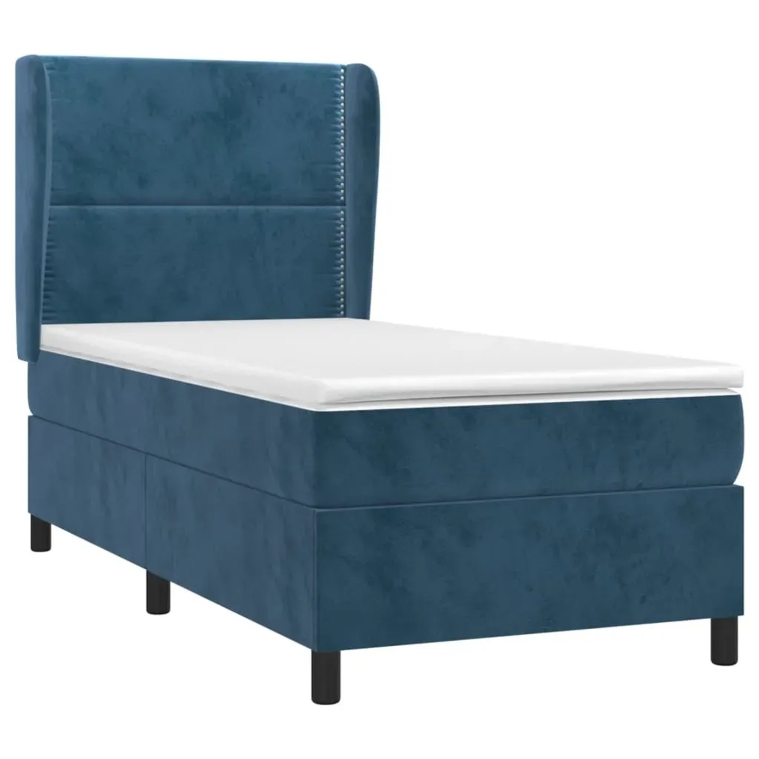 Dunkelblaues Boxspringbett 90x200 cm mit Matratze und Samtbezug.
