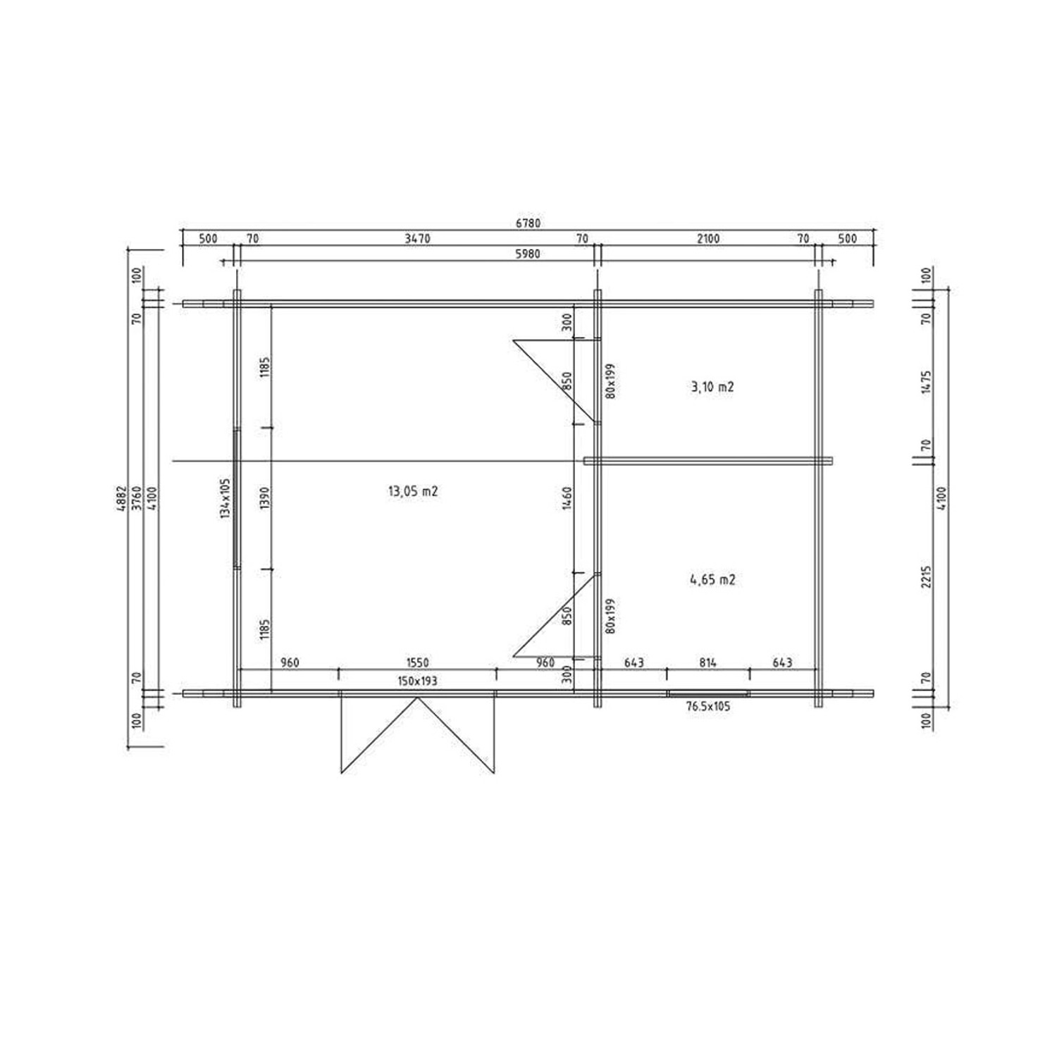 Grundriss Alpholz Gartenhaus Arizona, 678x490 cm, Holz-Gartenhaus mit Satteldach.