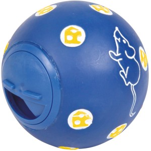 Blauer Jollypaw Snackball für Katzen, mit Maus- und Käsemotiven.