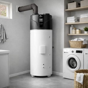 Weißer Sannover Stelios 250 L Monoblock-Warmwasserbereiter mit schwarzem Digitaldisplay, installiert in einer Waschküche.