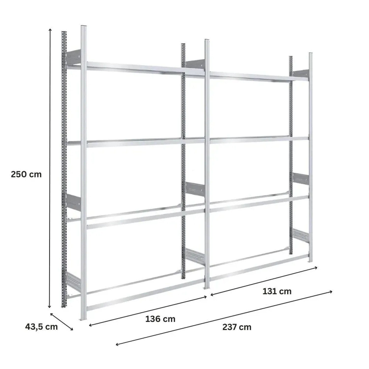 Räderregal Mit Tiefenriegel - 250 Kg - 2.000 X 2.626 X 400 Mm  HxBxT 3 Ebenen 2 Felder Set Steckregal Bert
