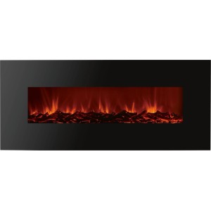 Schwarzer Elektrokamin zur Wandmontage mit realistischem Flammeneffekt und glühenden Holzscheiten.