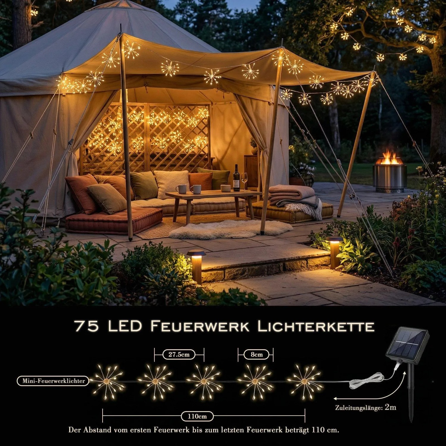 Warmweiße LED Solar Feuerwerk Lichterkette im Gartenpavillon. Dekorative Weihnachtsbeleuchtung für außen, 5er Set.