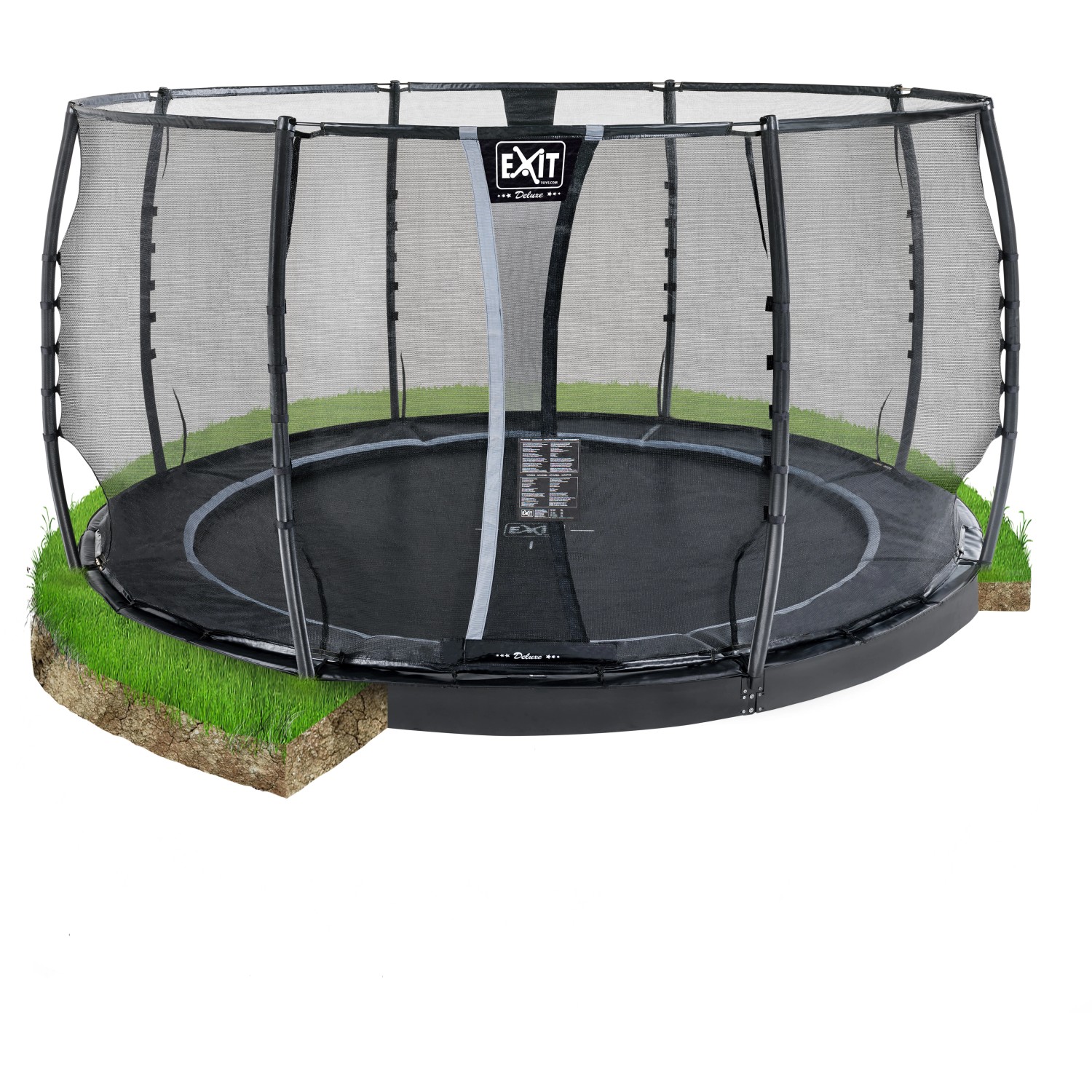 EXIT Dynamic Ebenerdiges Trampolin Ø 427 cm mit Sicherheitsnetz Schwarz