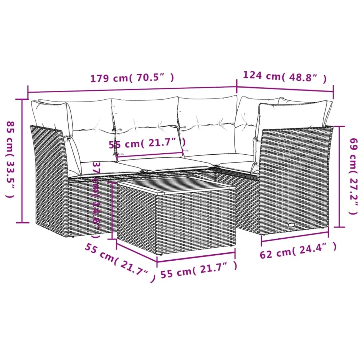 vidaXL 5-tlg. Garten-Sofagarnitur Beige Poly Rattan mit Kissen, Maße eingezeichnet.