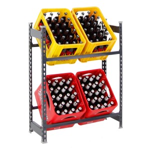 Anthrazitfarbenes PROREGAL Getränkekistenregal Camel mit zwei Ebenen und gelben und roten Kisten.