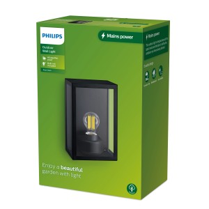 Verpackung der schwarzen Philips Alzor LED-Außenwandleuchte, eckig, ohne Leuchtmittel.