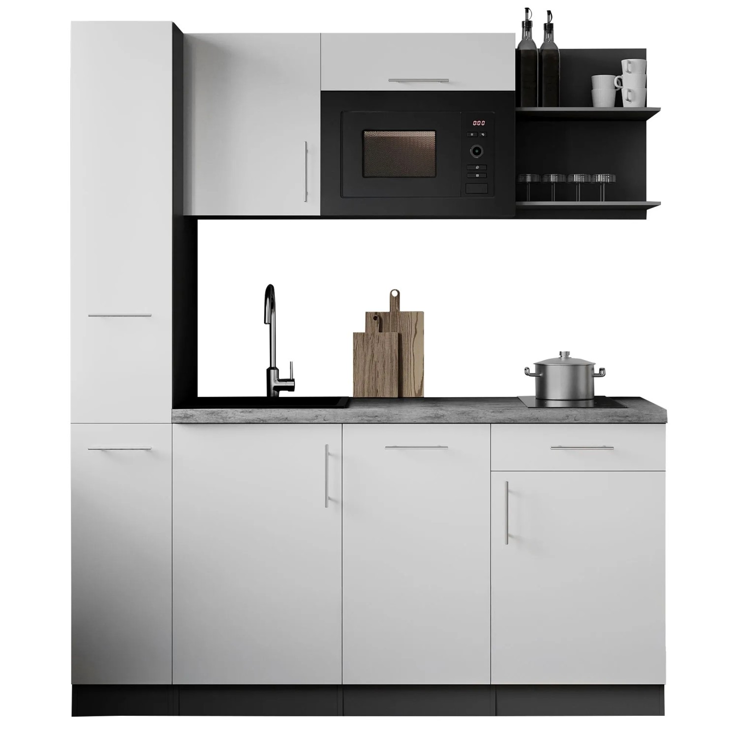 Respekta Singleküche Oliver 175 cm H 205 cm Weiß Seidenglanz mit Mikrowelle