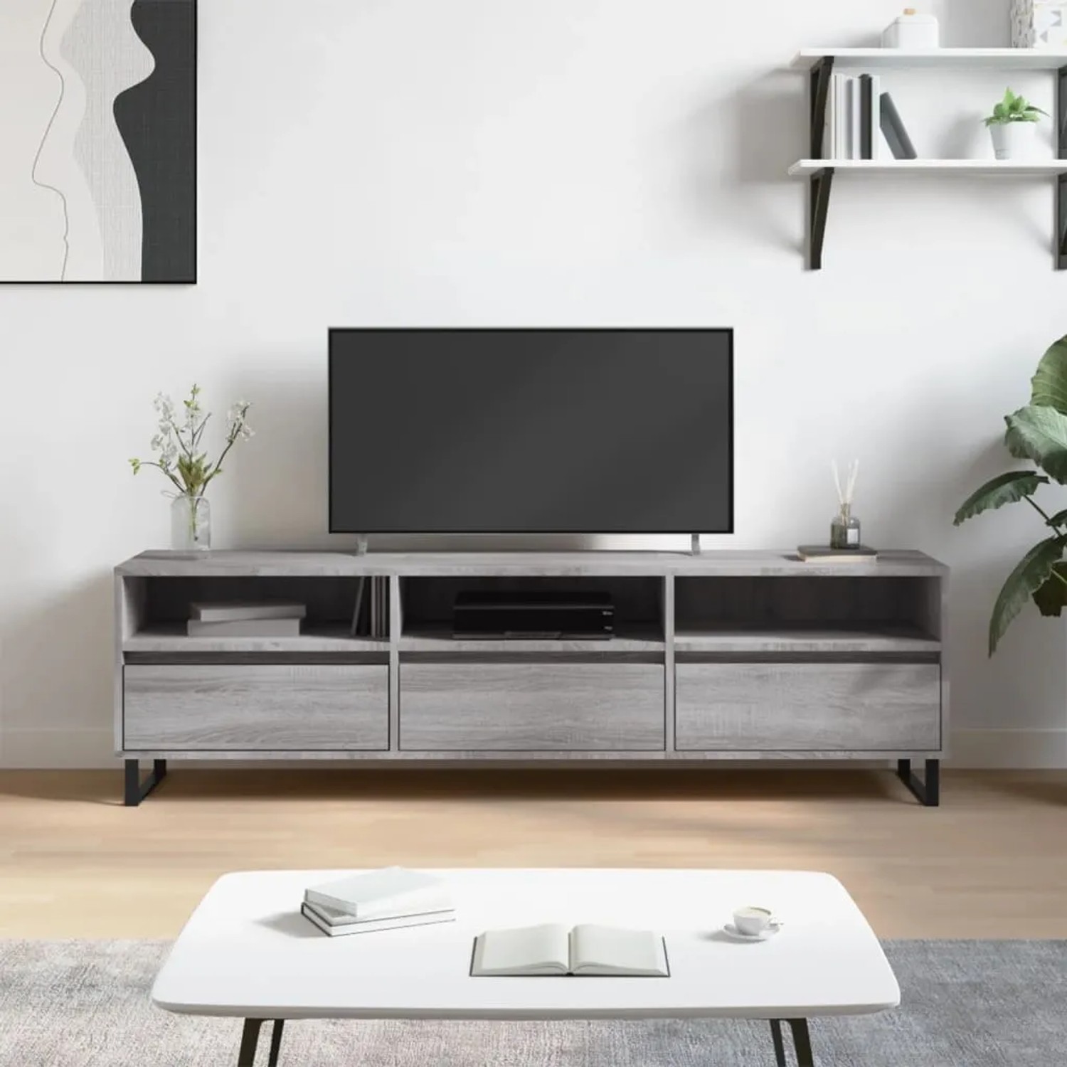 VidaXL TV-Schrank Grau Sonoma, 150 cm breit, aus Holzwerkstoff mit Fächern und Eisenbeinen.