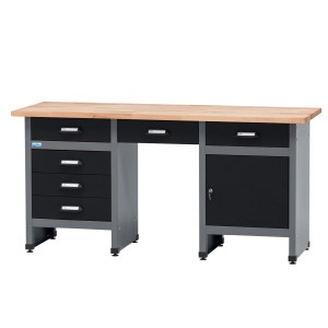 Küpper Werkbank-Komplett-Set 1,70 m, schwarz, mit Schubladen, Tür und Buchenplatte.