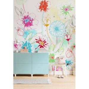 Komar Fototapete Joyful Multicolor mit bunten Blumen auf weißem Grund.