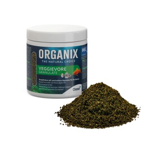 Oase Organix Veggievore Fischfutter-Granulat, 250ml Dose und Futterhaufen.