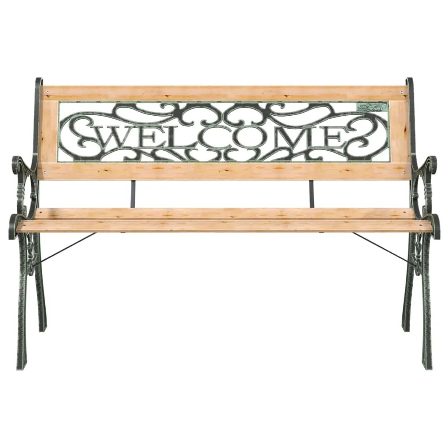 VidaXL Gartenbank aus Tannenholz mit "Welcome" Schriftzug und Schmiedeeisen-Gestell.