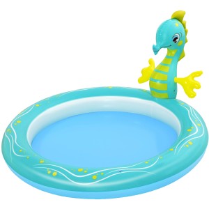 Bestway Kinderplanschbecken mit Seepferdchen-Design, rund, türkis mit gelben Akzenten.
