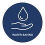 Symbol für Wassersparen: Hand unter Wassertropfen im blauen Kreis.