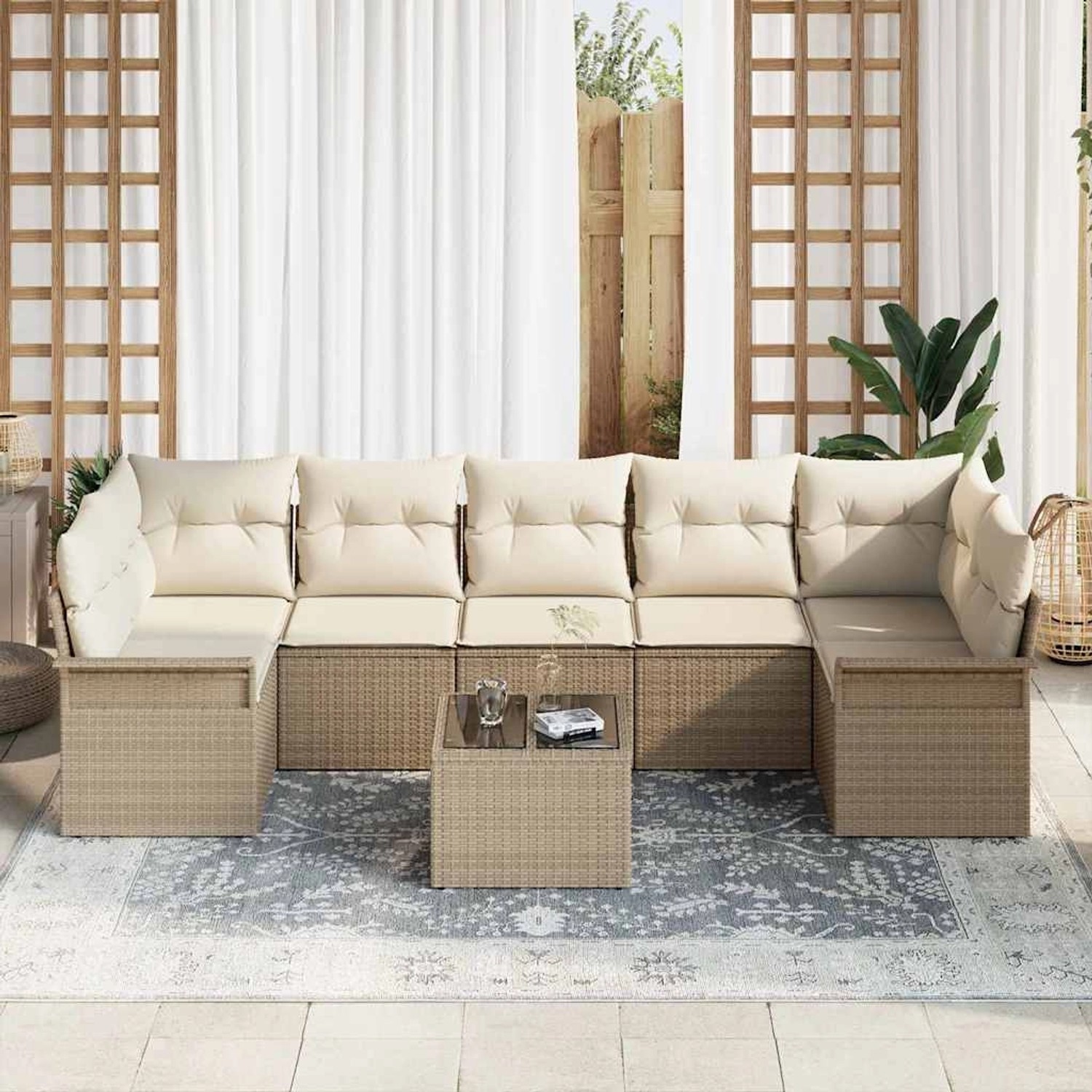 Beiges 8-teiliges vidaXL Garten Sofaset aus Poly Rattan mit Kissen.