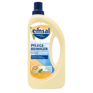 Emsal Pflege Reiniger für alle Böden in beiger Flasche mit blauem Deckel. Für natürliche Pflege & streifenfreie Sauberkeit.