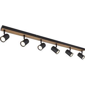 Globo Strahler Robby, 6-flammig, schwarz matt mit Holzoptik. Moderner Spot für flexible Beleuchtung.