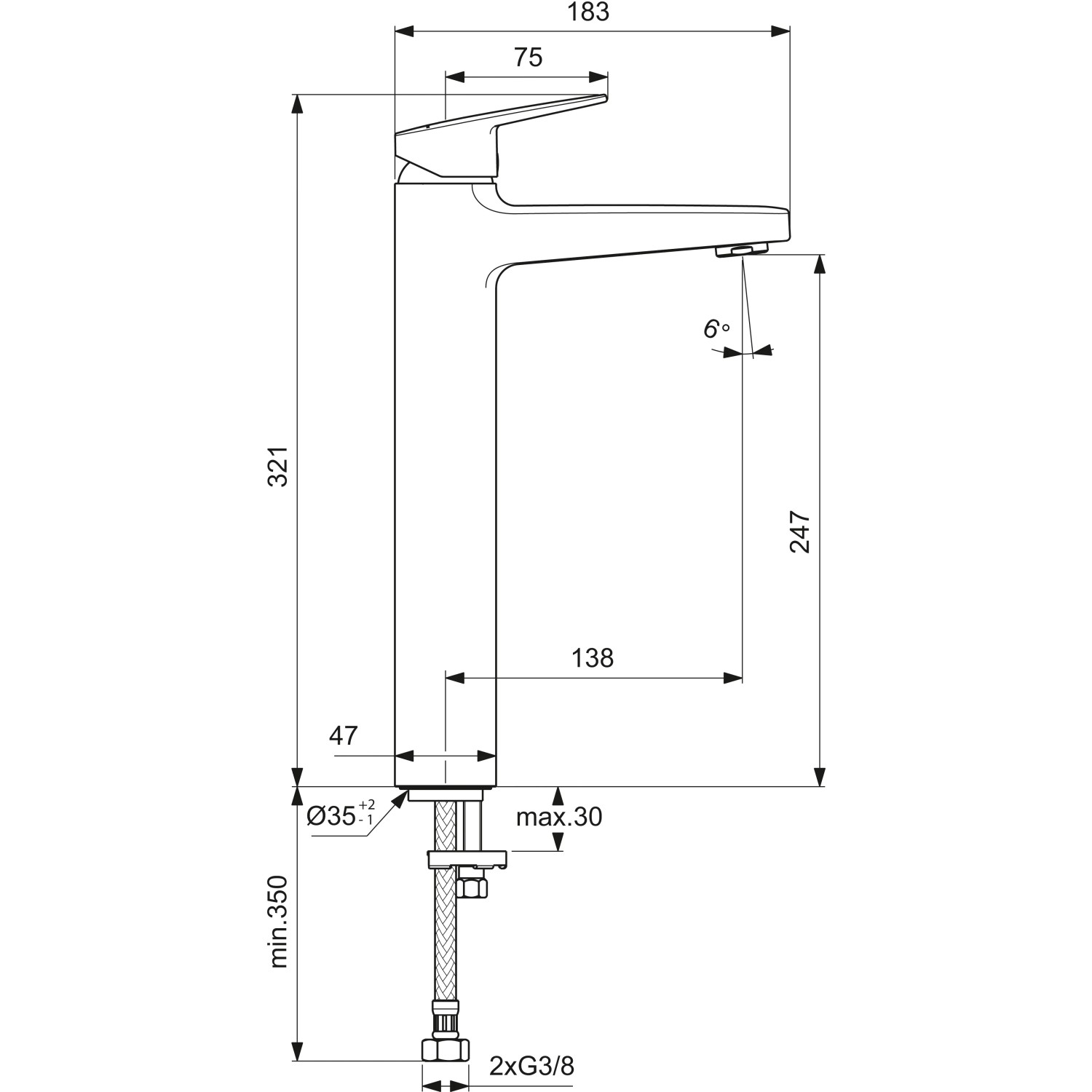 Technische Zeichnung: Ideal Standard Ceraplan Waschtischarmatur Chrom H250, Maße und Anschlüsse.