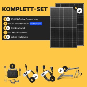 Solakon Balkonkraftwerk 900W Komplettset: 2 Solarmodule, 800W Wechselrichter, Kabel, Balkonhalterung.