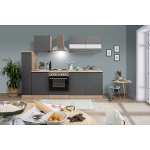 Respekta Küchenzeile KB240ESG, 240 cm, Grau-Eiche, mit Elektrogeräten und viel Stauraum.