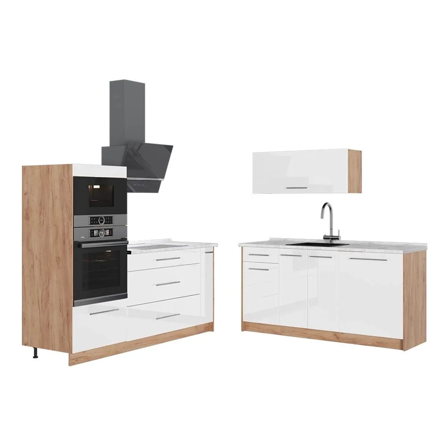 Vicco Küchenzeile Fame-Line Weiß Hochglanz/Goldkraft Eiche 340 x 154 AP Marmor Art Nr 63715
