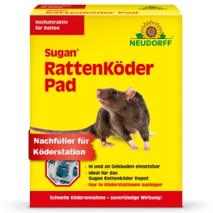 Verpackung Neudorff Sugan Rattenköder Pad 200g mit Ratte. Rattengift für Köderstationen.