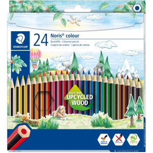 Staedtler Noris Colour Buntstifte, 24er Set im Kartonetui mit Naturmotiv. Stifte aus upcyceltem Holz.