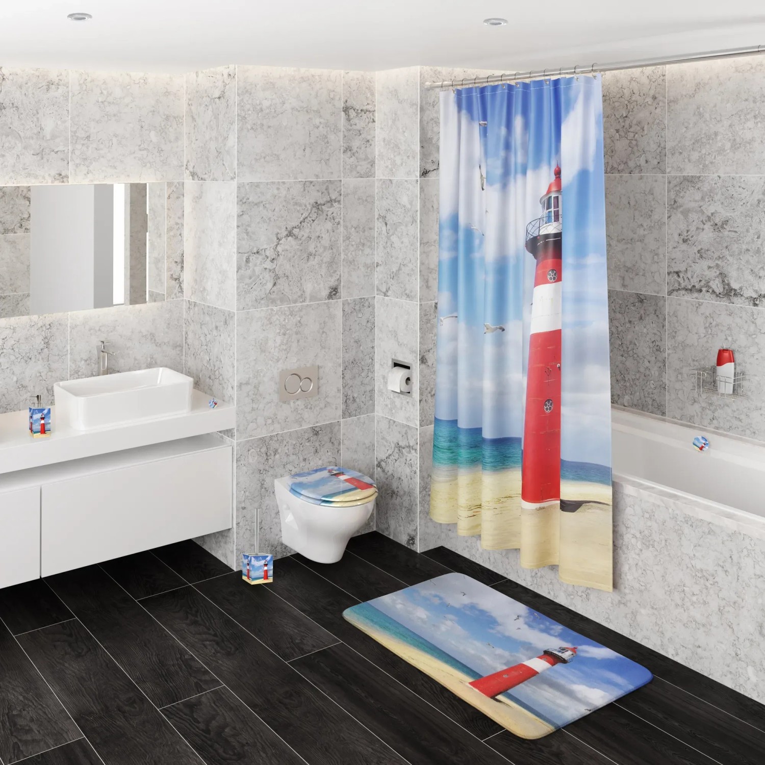 Sanilo Badteppich Leuchtturm (70x110 cm) im Badezimmer mit passendem Duschvorhang und WC-Sitz.