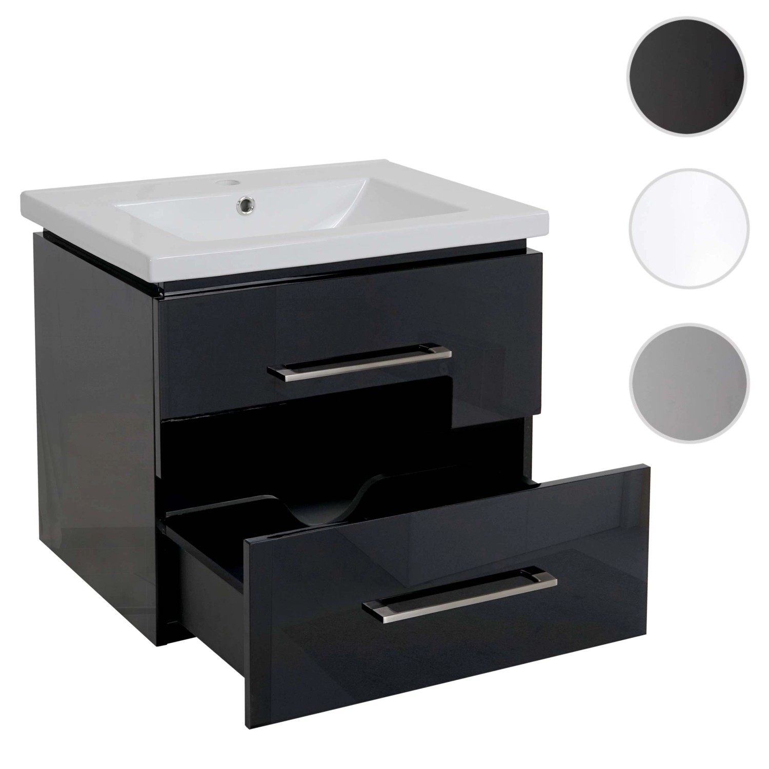 Schwarzer MCW Premium Waschbeckenunterschrank (60cm) mit Keramik-Waschbecken und zwei Schubladen.