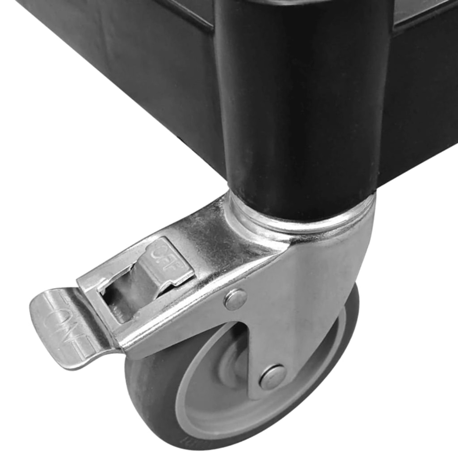 Detailaufnahme: Rad mit Bremse des schwarzen vidaXL Rollwagens mit 3 Etagen.