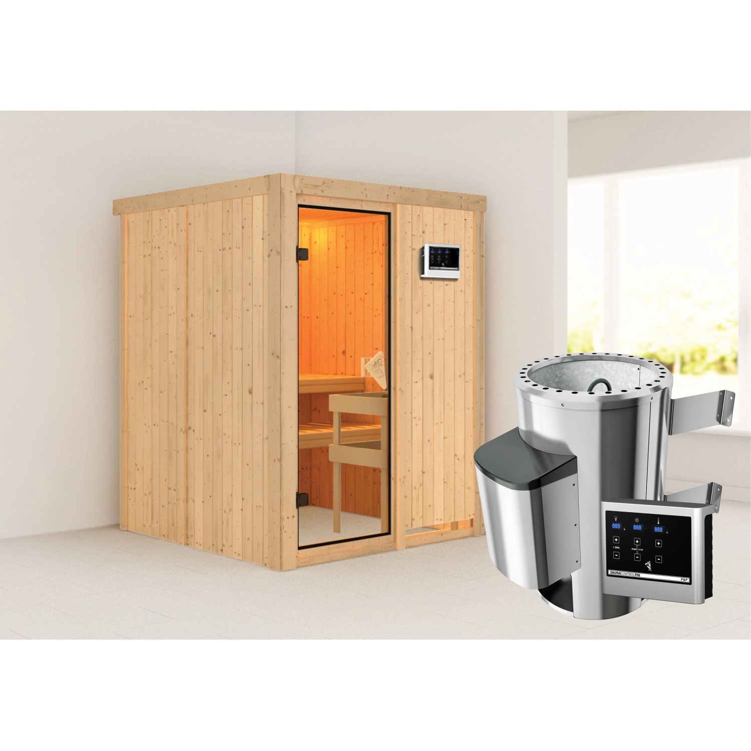 Karibu Sauna mit Ofen externe Stg.Natur günstig online kaufen