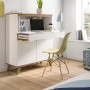 Weißer Sekretär Hygge 100 cm mit Eiche-Akzenten, Klappe, Schublade und Türen. Modernes skandinavisches Design für Homeoffice.