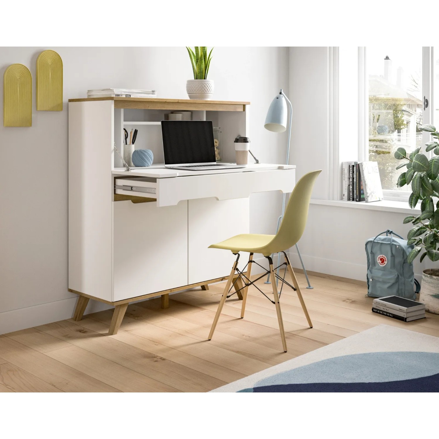 Weißer Sekretär Hygge 100 cm mit Eiche-Akzenten, Klappe, Schublade und Türen. Modernes skandinavisches Design für Homeoffice.