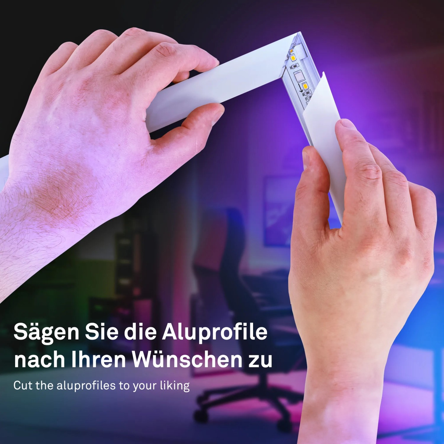 Hände biegen Briloner LED-Band mit Aluprofil. Smart RGB/W Licht für flexible Beleuchtung.
