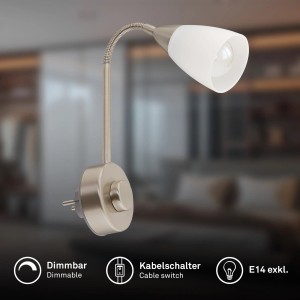 Dimmbare Briloner Steckerleuchte in Matt-Nickel mit schwenkbarem Arm, ideal als Leselampe.