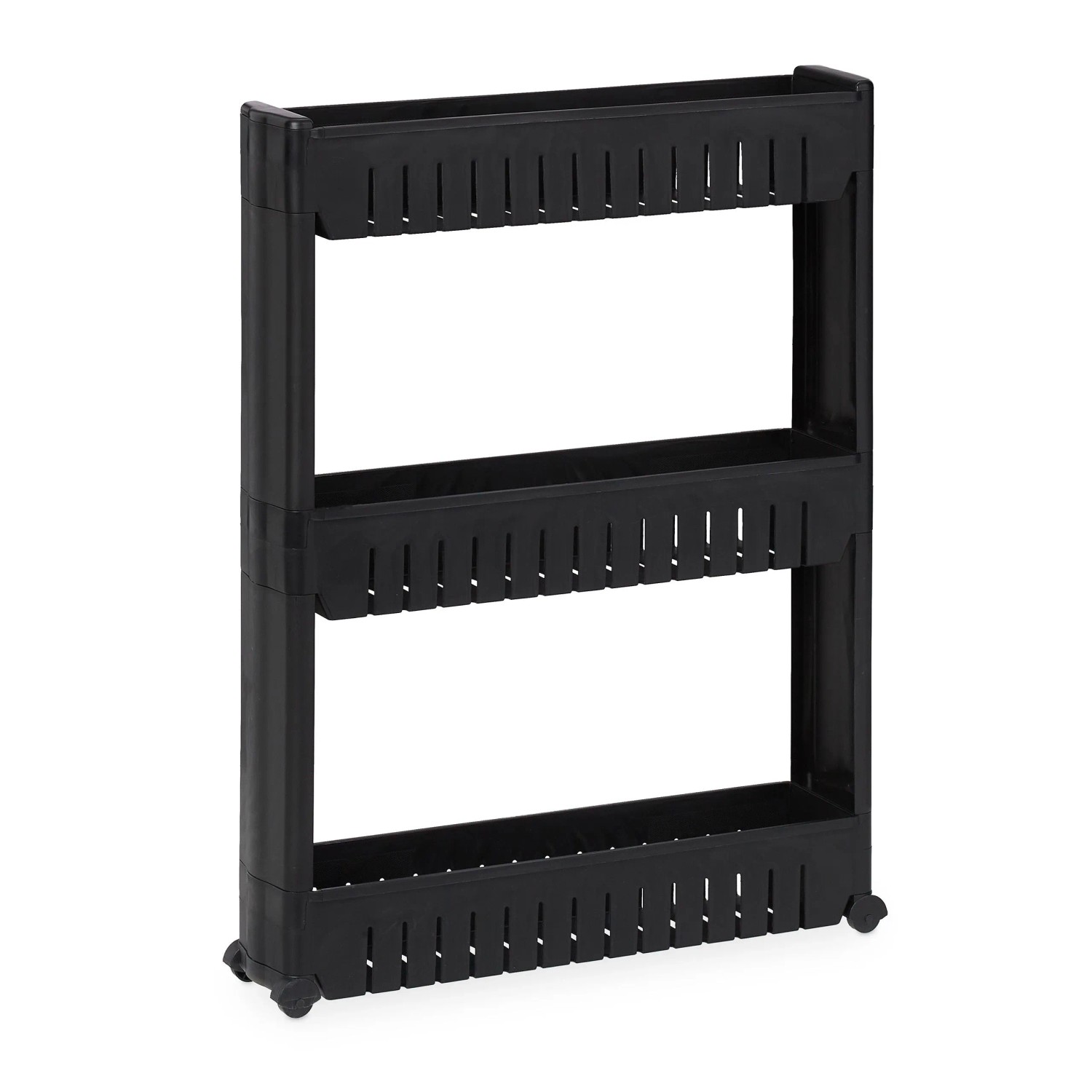 Relaxdays Nischenwagen Kunststoff Schwarz mit 3 Ablagen und 4 Rollen 71 cm x 12,5 cm x 54 cm 1,2 kg