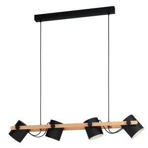 Moderne Pendelleuchte Hornwood mit 4 Lampenschirmen in Schwarz und Creme an Holzgestell.