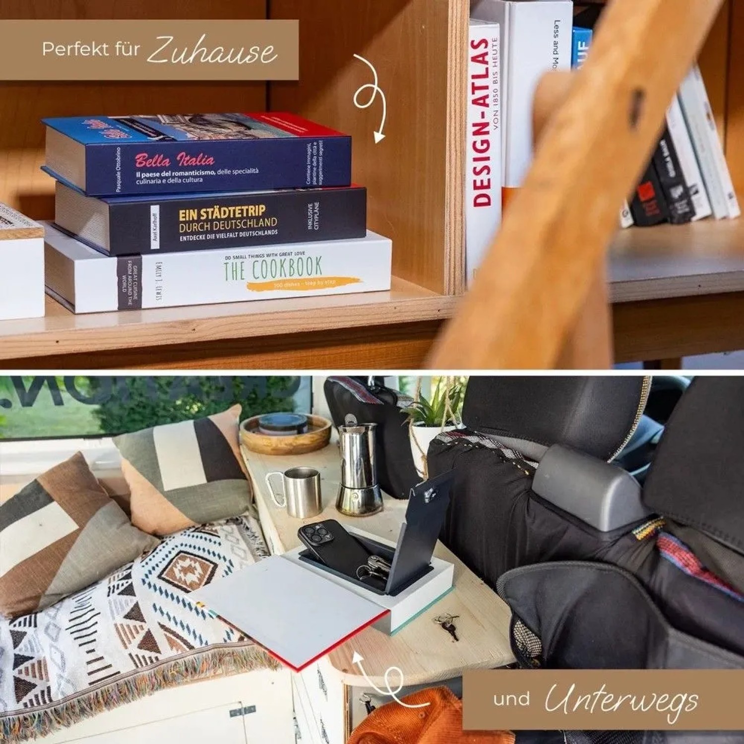 HMF Buchtresor Geldkassette als Buch getarnt, auf Regal zuhause und offen im Auto für Wertsachen. Diskreter Tresor.