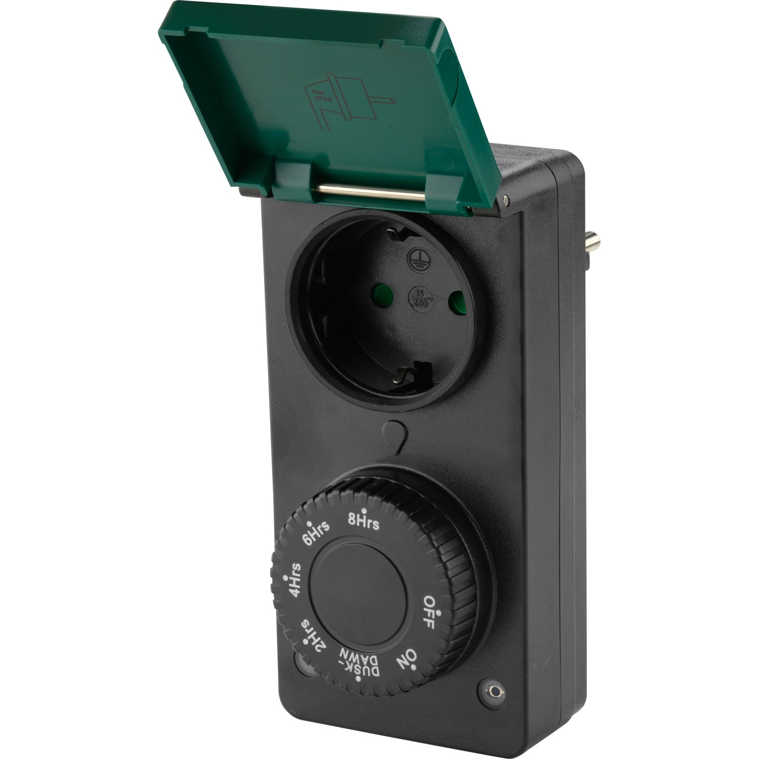 Schwarze Zeitschaltuhr mit Dämmerungsfunktion für Außenbereich, mit grüner Schutzklappe.