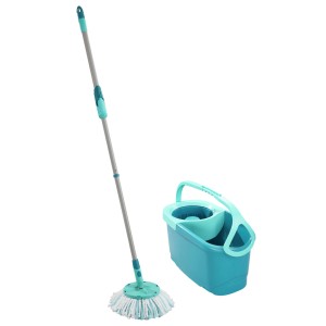 Leifheit Clean Twist Disc Mop Ergo Set mit Eimer und Wischmop in Türkis und Grau.