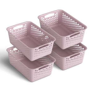 Vier rosa ProHome Aufbewahrungskörbe, 5L, 30x20 cm, stapelbar, für Badaccessoires.