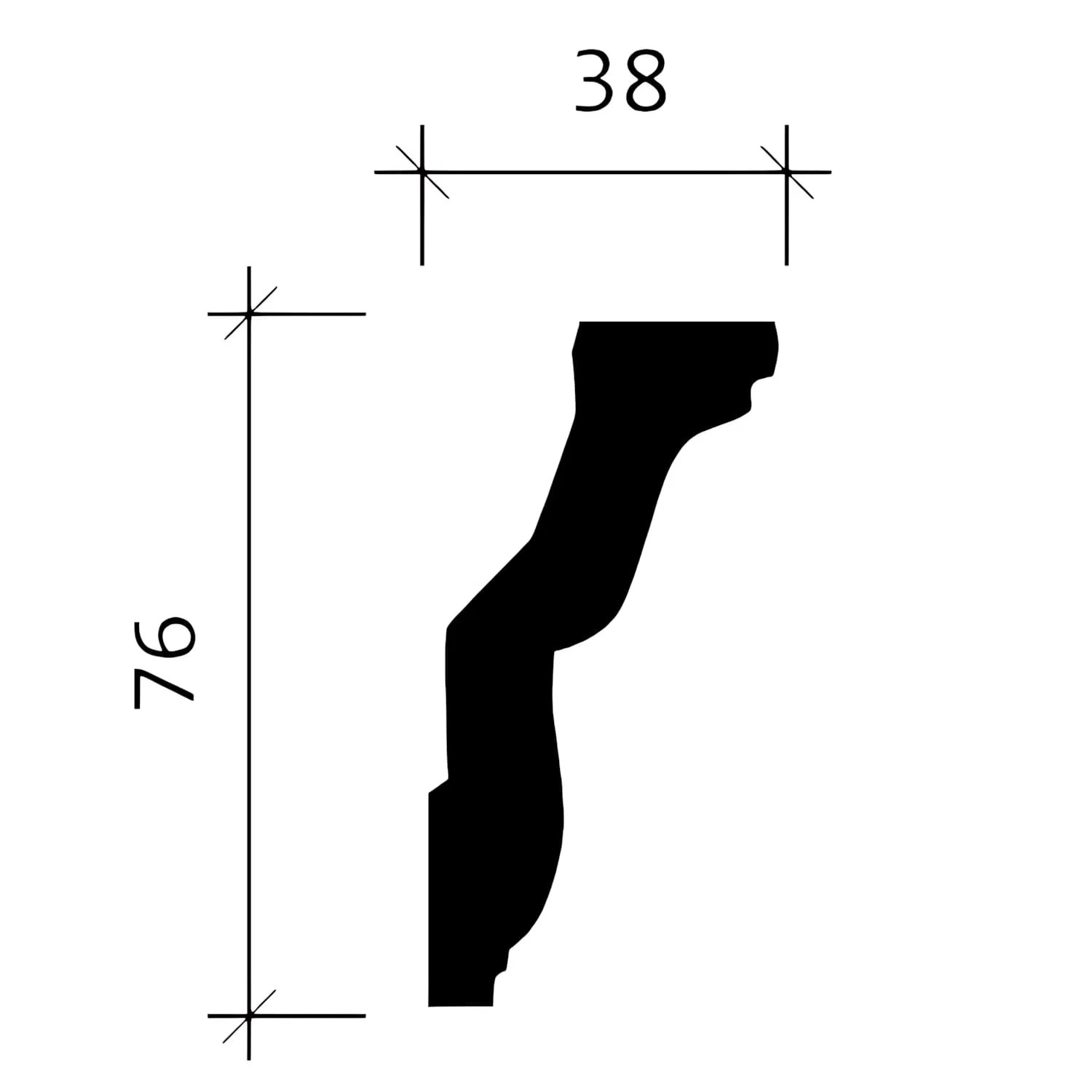 Profilzeichnung einer weißen PROFHOME Eckleiste (38x76mm) im Querschnitt. Zierleisten Set, 32m.