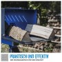 Güde Holzspalter GHS 500/6,5TE mit Holzscheiten auf Ablagetisch. Blau.